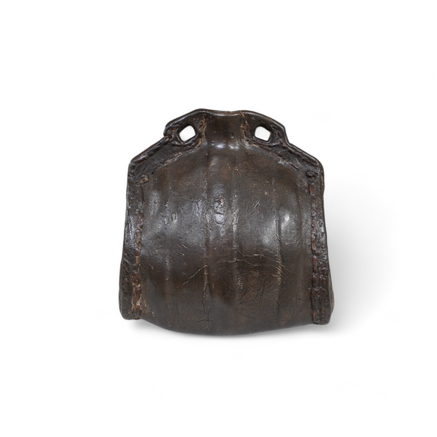 An 18th century leather cider costrel, 18cm tall. Condition - large hole cut out of one side